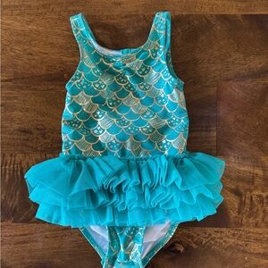 Cat & Jack Green Swimsuit with Gold Mermaid Print and Tutu Size:3T
